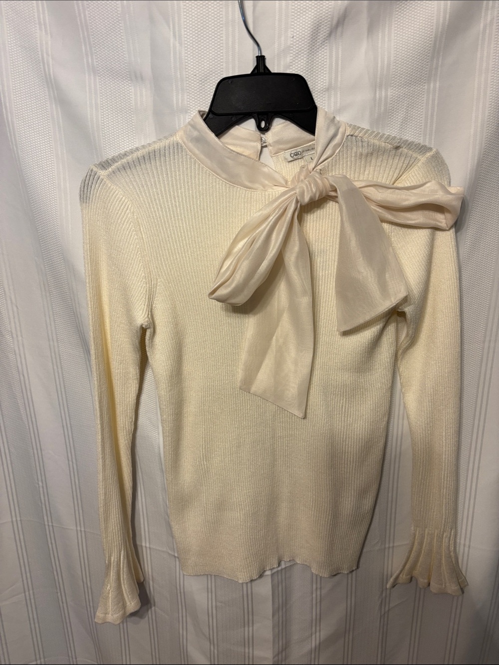 Cato Ivory Ribbed Knit Top with Sheer Bow